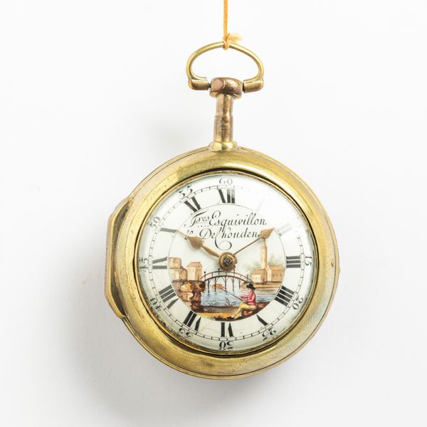 Esquivillon & De Chouden orologio da tasca in doppia cassa in ottone dorato al mercurio, 1790 circa, scappamento a verga e conoide, quadrante in smalto bianco con miniatura al centro  - Asta Pocket Watches - Associazione Nazionale - Case d'Asta italiane
