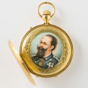 Orologio da tasca, anonimo, cassa in oro 18 kt, movimento con scappamento ad ancora, quadrante in smalto bianco, smalto sulla couvette raffigurante Vittorio Emanuele, 1870 circa, gr 82, 44 mm  - Asta Pocket Watches - Associazione Nazionale - Case d'Asta italiane