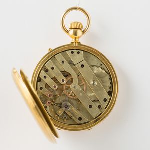 Orologio da tasca, anonimo, cassa in oro 18 kt, movimento con scappamento ad ancora, quadrante in smalto bianco, smalto sulla couvette raffigurante Vittorio Emanuele, 1870 circa, gr 82, 44 mm  - Asta Pocket Watches - Associazione Nazionale - Case d'Asta italiane