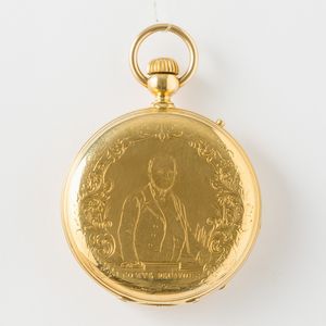 Orologio da tasca, anonimo, cassa in oro 18 kt, movimento con scappamento ad ancora, quadrante in smalto bianco, smalto sulla couvette raffigurante Vittorio Emanuele, 1870 circa, gr 82, 44 mm  - Asta Pocket Watches - Associazione Nazionale - Case d'Asta italiane