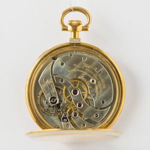 Patek Philippe, orologio da taschino, dress watch, cassa in oro 18 kt, con decorazioni smaltate  su fronte e retro, movimento con scappamento ad ancora, 1935 circa, gr 73, 44 mm  - Asta Pocket Watches - Associazione Nazionale - Case d'Asta italiane