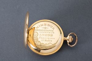 MINERVA - Cronografo da tasca in oro giallo 18k, con scappamento ad ancora, quadrante in smalto bianco.  - Asta Pocket Watches - Associazione Nazionale - Case d'Asta italiane
