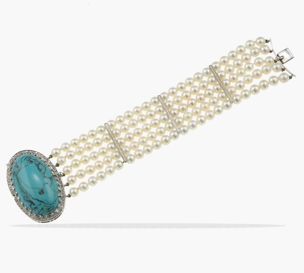 Bracciale con perle coltivate, piccoli diamanti e turchese  - Asta Gioielli - Associazione Nazionale - Case d'Asta italiane
