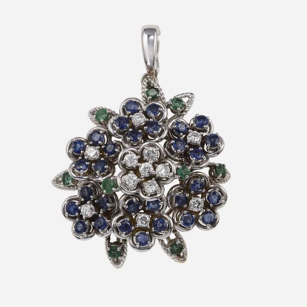 Spilla/pendente con zaffiri, smeraldi e diamanti  - Asta Gioielli - Associazione Nazionale - Case d'Asta italiane