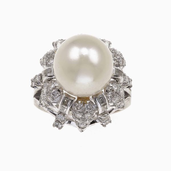 Anello con perla e diamanti  - Asta Gioielli - Associazione Nazionale - Case d'Asta italiane