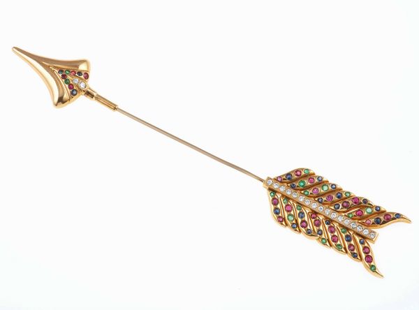 Lotto composto da un anello ed una spilla con diamanti, rubini, zaffiri e smeraldi  - Asta Gioielli - Associazione Nazionale - Case d'Asta italiane