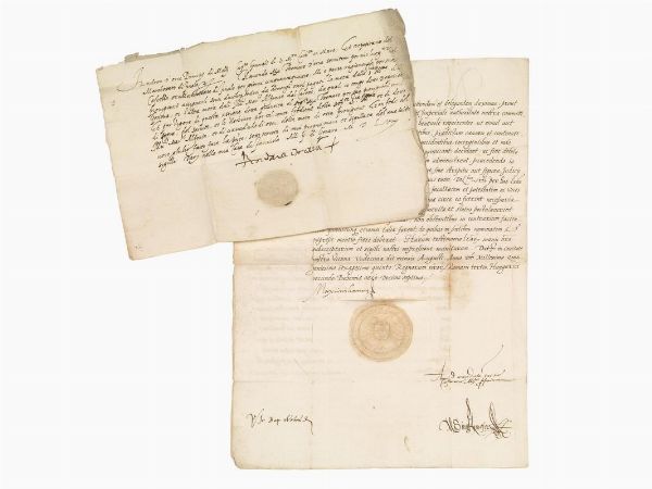 ANDREA DORIA (1466-1560) e MASSIMILIANO II D’ASBURGO (1527-1576). Carteggio comprendente una lettera patente con firma autografa e sigillo cartaceo di Andrea Doria, datata “Fassolo, 2 gennaio 1558” (bifolio in 4to, scritto in italiano in orizzontale al recto della prima carta), ed una dichiarazione di arbitrato dell’Imperatore Massimiliano II a Cosimo I de’ Medici (1519-1574) e a Guglielmo Gonzaga (1538-1587), terzo duca di Mantova, con firma autografa e sigillo cartaceo dell’Imperatore, datata Vienna, 11 agosto 1565 (bifolio in folio, scritto in latino al recto e al verso della prima carta). Minime tracce del tempo, per il resto conservazione molto buona.  - Asta LIBRI, MANOSCRITTI E AUTOGRAFI - Associazione Nazionale - Case d'Asta italiane