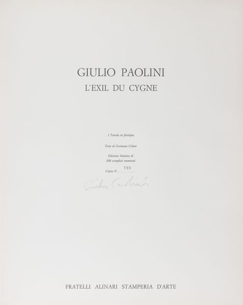 Giulio Paolini : L'Exil du cygne  - Asta Libri d'Artista e Cataloghi d'Arte - Associazione Nazionale - Case d'Asta italiane