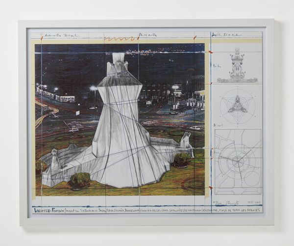 CHRISTO' (n. 1935) & JEANNE-CLAUDE (1935 - 2009) : Wrapped Fontain, Project for 'La Fontana de Jujol', Plaza d'Espaa, Barcelona.  - Asta Asta 399 | GRAFICA MODERNA, FOTOGRAFIA E MULTIPLI D'AUTORE Online - Associazione Nazionale - Case d'Asta italiane