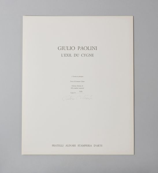 PAOLINI GIULIO (n. 1940) : L'exile du cigne.  - Asta Asta 399 | GRAFICA MODERNA, FOTOGRAFIA E MULTIPLI D'AUTORE Online - Associazione Nazionale - Case d'Asta italiane