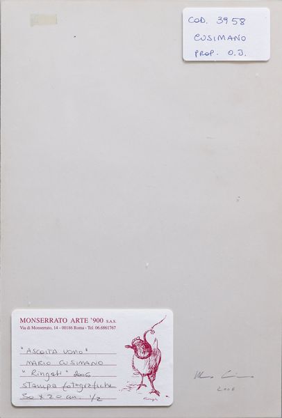 CUSIMANO MARIO : Lotto composto da n. 6 fotografie. Ascolta uomo.  - Asta Asta 399 | GRAFICA MODERNA, FOTOGRAFIA E MULTIPLI D'AUTORE Online - Associazione Nazionale - Case d'Asta italiane