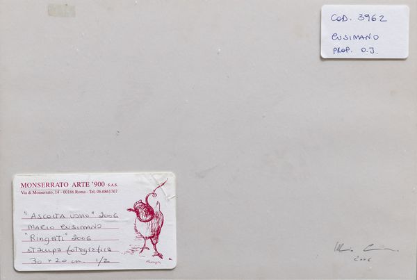 CUSIMANO MARIO : Lotto composto da n. 6 fotografie. Ascolta uomo.  - Asta Asta 399 | GRAFICA MODERNA, FOTOGRAFIA E MULTIPLI D'AUTORE Online - Associazione Nazionale - Case d'Asta italiane