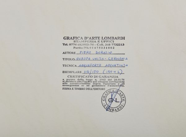 DORAZIO PIERO (1927 - 2005) : Europa Unita, Germania.  - Asta Asta 399 | GRAFICA MODERNA, FOTOGRAFIA E MULTIPLI D'AUTORE Online - Associazione Nazionale - Case d'Asta italiane