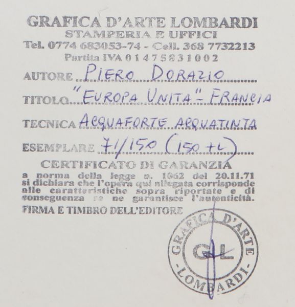DORAZIO PIERO (1927 - 2005) : Europa Unita - Francia 2.  - Asta Asta 399 | GRAFICA MODERNA, FOTOGRAFIA E MULTIPLI D'AUTORE Online - Associazione Nazionale - Case d'Asta italiane