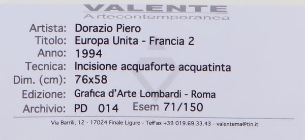 DORAZIO PIERO (1927 - 2005) : Europa Unita - Francia 2.  - Asta Asta 399 | GRAFICA MODERNA, FOTOGRAFIA E MULTIPLI D'AUTORE Online - Associazione Nazionale - Case d'Asta italiane