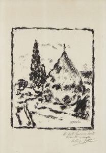 SOFFICI ARDENGO (1879 - 1964) - Paesaggio con covone e cipresso.