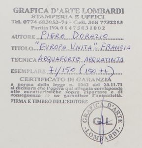 DORAZIO PIERO (1927 - 2005) : Europa Unita - Francia 2.  - Asta Asta 399 | GRAFICA MODERNA, FOTOGRAFIA E MULTIPLI D'AUTORE Online - Associazione Nazionale - Case d'Asta italiane