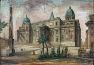 PITTORE DEL XIX SECOLO : a) L'Abside di Santa Maria Maggiore  b) Piazza San Pietro  - Asta Antiquariato - Mobili, Tappeti, Sculture e Oggetti d'Arte - Associazione Nazionale - Case d'Asta italiane