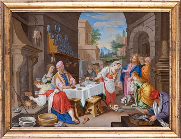 Jacopo Bassano, Seguace di : Cristo in casa di Marta con Maria e Lazzaro  - Asta Dipinti Antichi e del XIX Secolo - Associazione Nazionale - Case d'Asta italiane