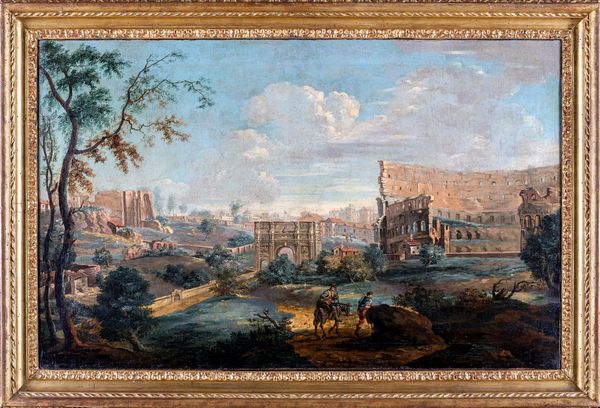 Scuola romana del XVIII secolo : Veduta con arco di Costantino e Colosseo  - Asta Dipinti Antichi e del XIX Secolo - Associazione Nazionale - Case d'Asta italiane