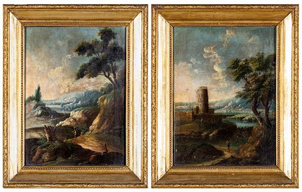 Scuola veneta del XVIII secolo : Coppia di paesaggi con figure  - Asta Dipinti Antichi e del XIX Secolo - Associazione Nazionale - Case d'Asta italiane