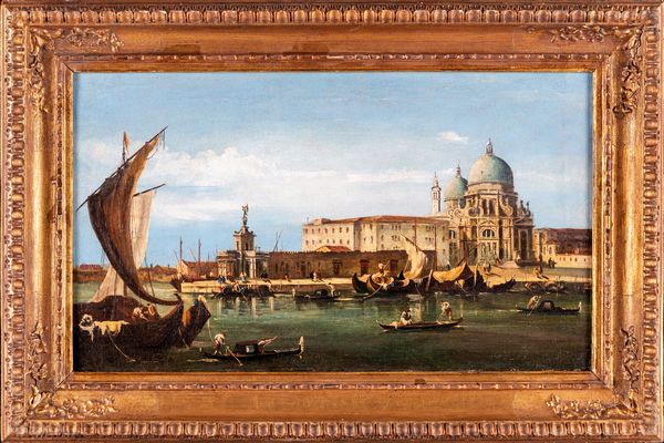 Scuola veneta del XVIII secolo : Veduta di Venezia con Santa Maria della Salute  - Asta Dipinti Antichi e del XIX Secolo - Associazione Nazionale - Case d'Asta italiane