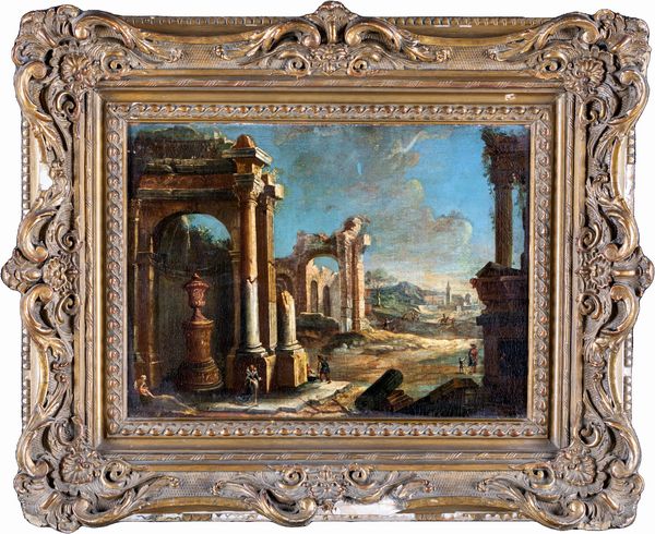 Scuola romana del XVIII secolo : Capriccio architettonico  - Asta Dipinti Antichi e del XIX Secolo - Associazione Nazionale - Case d'Asta italiane