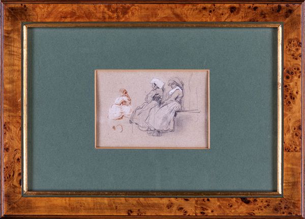 Scuola italiana del XX secolo : Due disegni: Tre donne in costume laziale; al verso Paesaggio agricolo con covoni  - Asta Dipinti Antichi e del XIX Secolo - Associazione Nazionale - Case d'Asta italiane