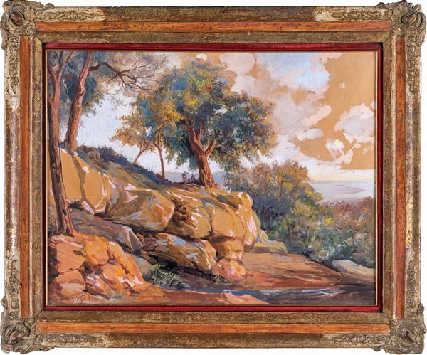 Giacinto Gigante, Attribuito a : Paesaggio con bosco e rocce  - Asta Dipinti Antichi e del XIX Secolo - Associazione Nazionale - Case d'Asta italiane