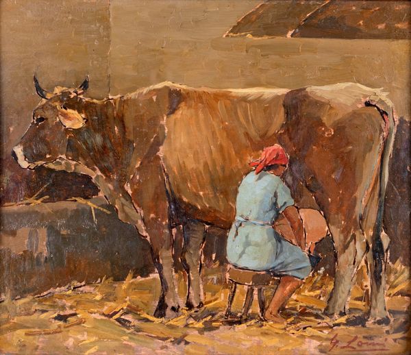 Giovanni Lomi : La mungitura  - Asta Dipinti Antichi e del XIX Secolo - Associazione Nazionale - Case d'Asta italiane