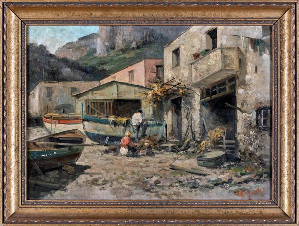 Ercole Magrotti : Pescatori al lavoro  - Asta Dipinti Antichi e del XIX Secolo - Associazione Nazionale - Case d'Asta italiane