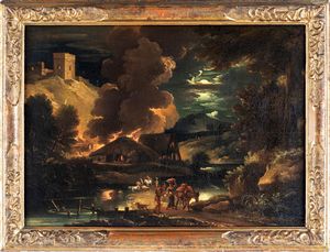 Pieter Muller detto il Cavalier Tempesta, Attribuito a - Fuga da un villaggio in fiamme al chiaro di luna