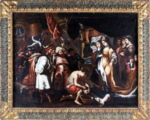 Scuola veneta del XVII secolo - Schiavo con la testa del Battista davanti a Erode, Erodiade e Salomè