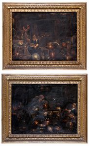 Giovanni Domenico Valentini, Attribuito a - Coppia di dipinti con interni di cucina