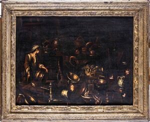 Giovanni Domenico Valentini, Attribuito a : Coppia di dipinti con interni di cucina  - Asta Dipinti Antichi e del XIX Secolo - Associazione Nazionale - Case d'Asta italiane