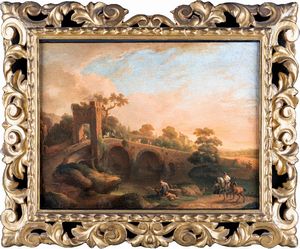 PITTORE ROMANO DEL XVIII SECOLO - Veduta di paesaggio con ponte