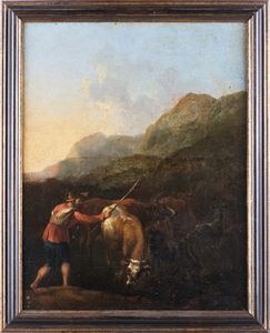 PITTORE DEL XVIII SECOLO - Paesaggio montano con pastore