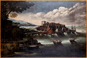 Pittore fiammingo attivo in Italia nel XVIII secolo - Veduta di arcipelago con imbarcazioni