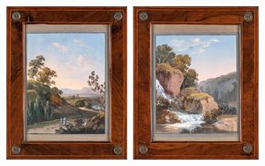 PITTORE DEL XIX SECOLO - Coppi di guazzi con paesaggio di montagna