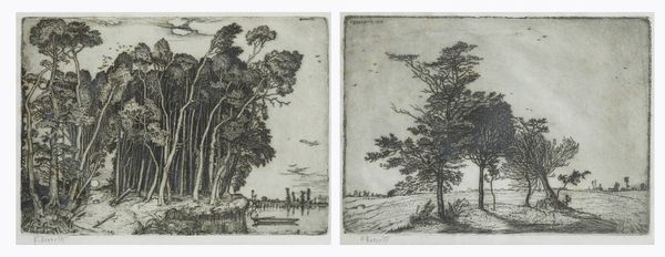 FRANCESCO (CINO) BOZZETTI Lecce 1876 - 1949 Borgoratto (AL) : Coppia di acqueforti  A - Il bosco in riva al fiume terza versione 1913 B - I tre alberi 1913  - Asta Grafica - Associazione Nazionale - Case d'Asta italiane