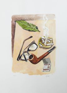 RENATO GUTTUSO Bagheria (PA) 1911 - 1987 Roma - Natura morta  con pipa  occhiali  fiammiferi  posacenere e foglia di alloro