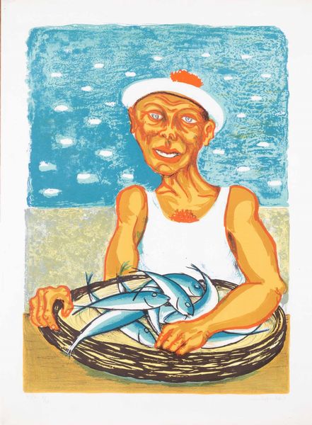 Giuseppe Migneco : Senza titolo (Marinaio con pesci)  - Asta Prints and Multiples - Associazione Nazionale - Case d'Asta italiane