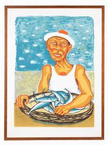 Giuseppe Migneco : Senza titolo (Marinaio con pesci)  - Asta Prints and Multiples - Associazione Nazionale - Case d'Asta italiane