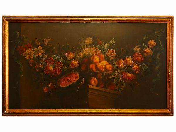Maniera di Abraham Brueghel, : Ghirlanda di fiori e frutta su un pilastro  - Asta L'Arte di Arredare - Associazione Nazionale - Case d'Asta italiane