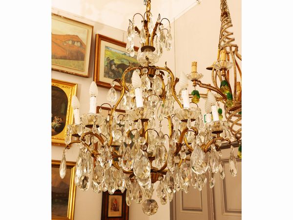 Lampadario a paniere in metallo dorato, cristallo e vetro  - Asta L'Arte di Arredare - Associazione Nazionale - Case d'Asta italiane