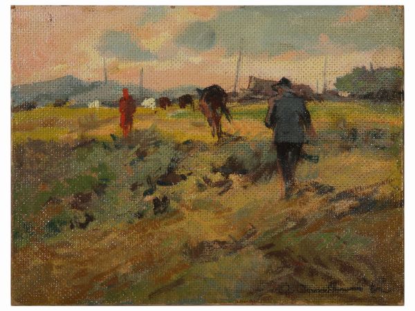 Carlo Domenici : Paesaggio di campagna con contadini  - Asta L'Arte di Arredare - Associazione Nazionale - Case d'Asta italiane