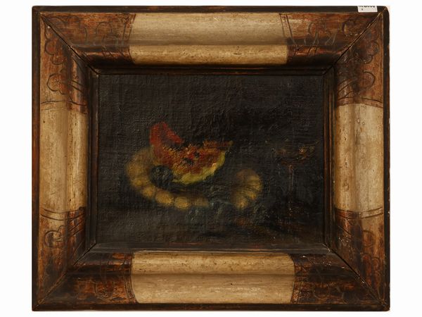 Scuola francese : Natura morta con fetta di anguria, prugne e bicchiere  - Asta L'Arte di Arredare - Associazione Nazionale - Case d'Asta italiane