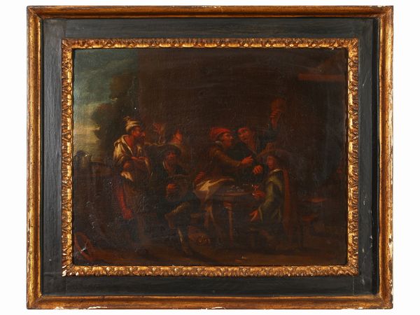 Scuola olandese del XVIII secolo : Cena di contadini con suonatore di liuto  - Asta L'Arte di Arredare - Associazione Nazionale - Case d'Asta italiane