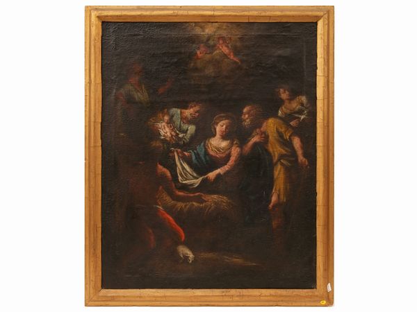 Scuola veneta del XVII secolo : Adorazione dei pastori  - Asta L'Arte di Arredare - Associazione Nazionale - Case d'Asta italiane