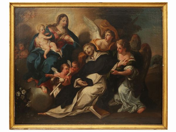 Scuola emiliana del XVIII secolo : La Madonna allatta San Domenico di Guzman  - Asta L'Arte di Arredare - Associazione Nazionale - Case d'Asta italiane